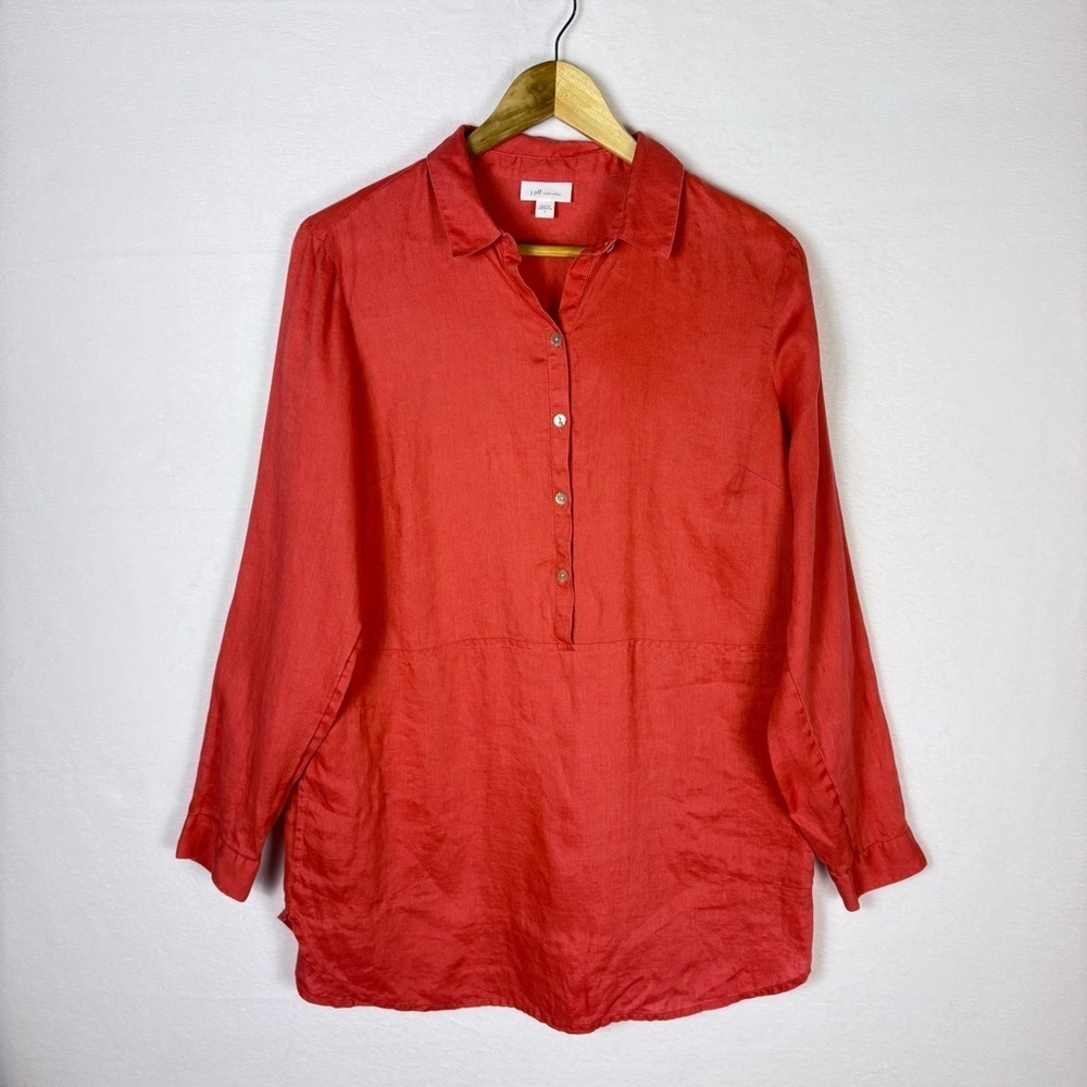 J. Jill Red Love Linen Button Down Blouse Popover Coastal Preppy Lagenlook